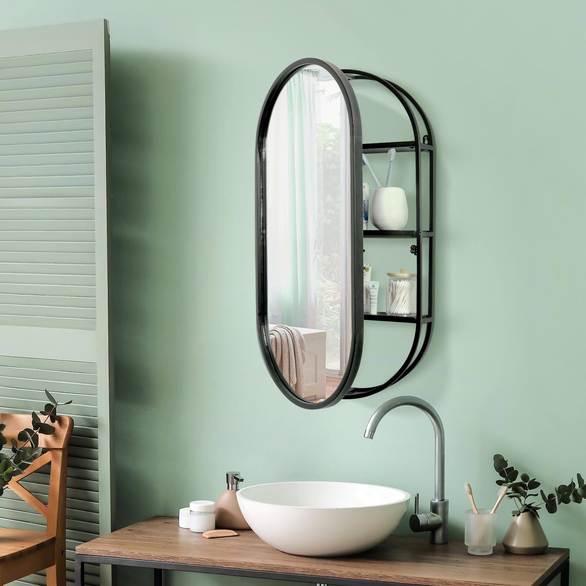 Black Metal Framed Oval Vanity Wall Mirror with Shelves - 15" x 30"